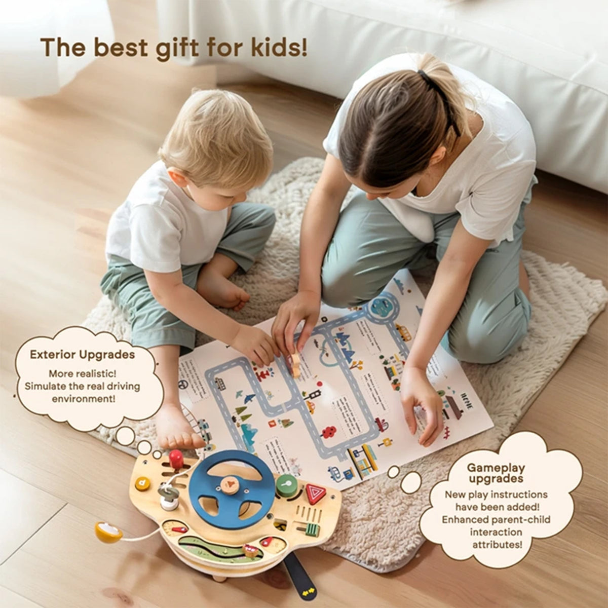 Jessruly® Montessori Busy Board – Wooden Steering Wheel Sensory Board with Push-Peel Fidget Elements