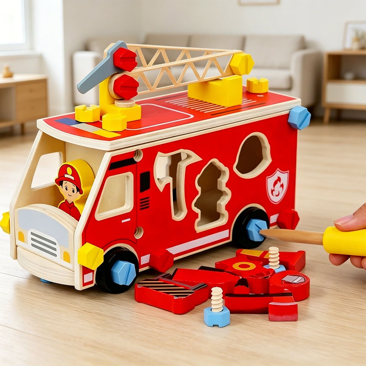 Jessruly® Firefighter Wooden Play Set – Little People Fire Truck Ride-On with Building Blocks & Painting Activity