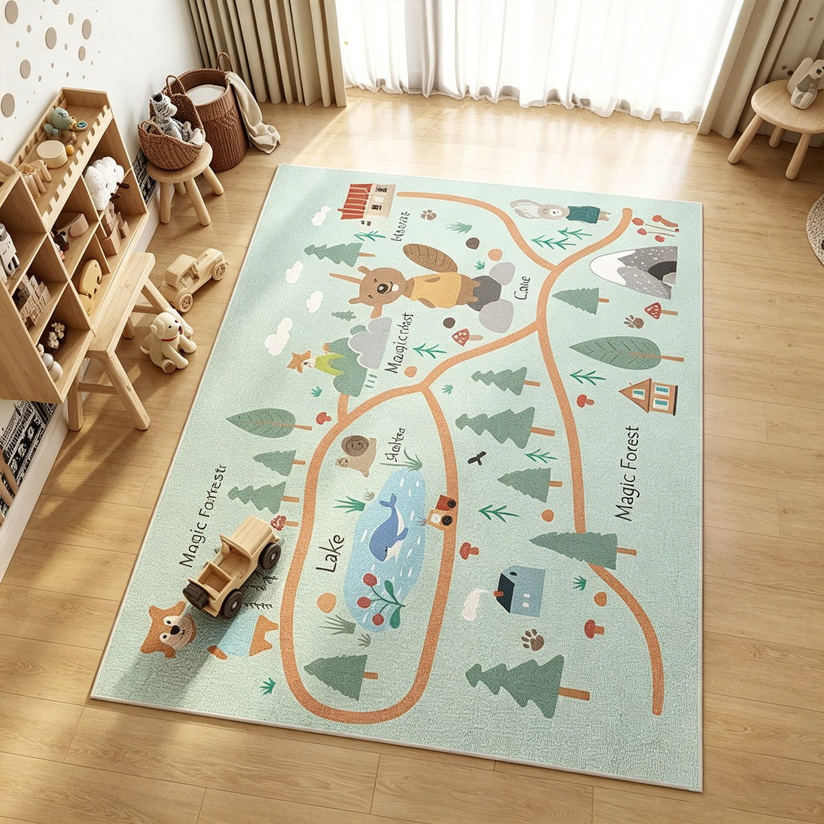 Jessruly® Extra-Large Car Rug Play Mat – City Road, World Map & Magic Forest Design