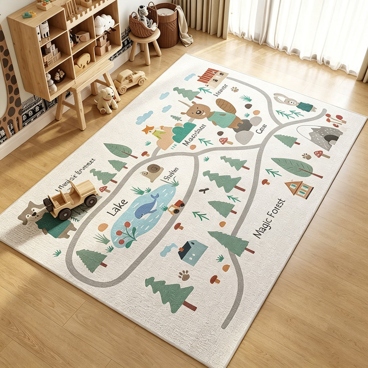 Jessruly® Extra-Large Car Rug Play Mat – City Road, World Map & Magic Forest Design