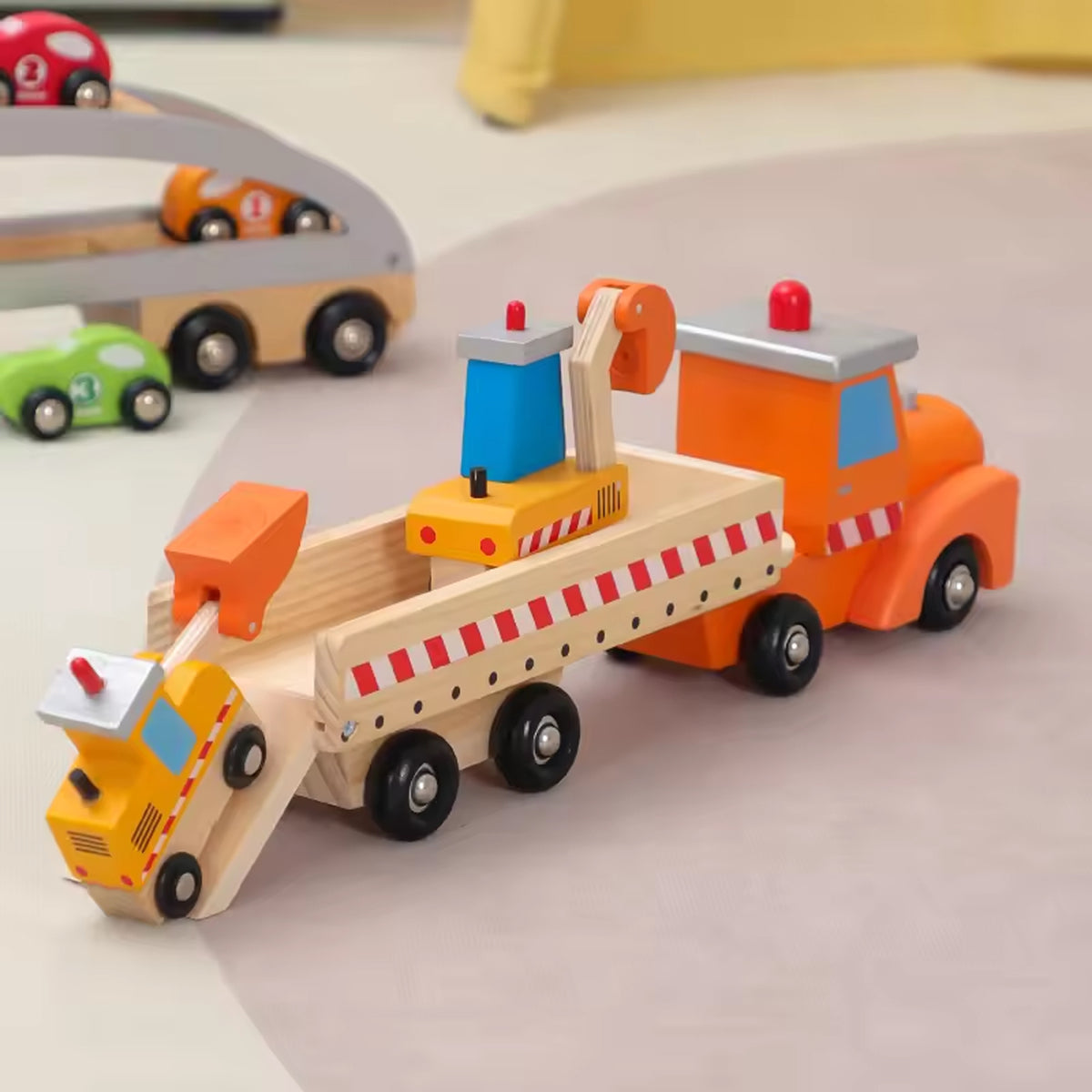 Jessruly® Wooden Cars Set – Car Carrier Toy with Wooden Car Ramp