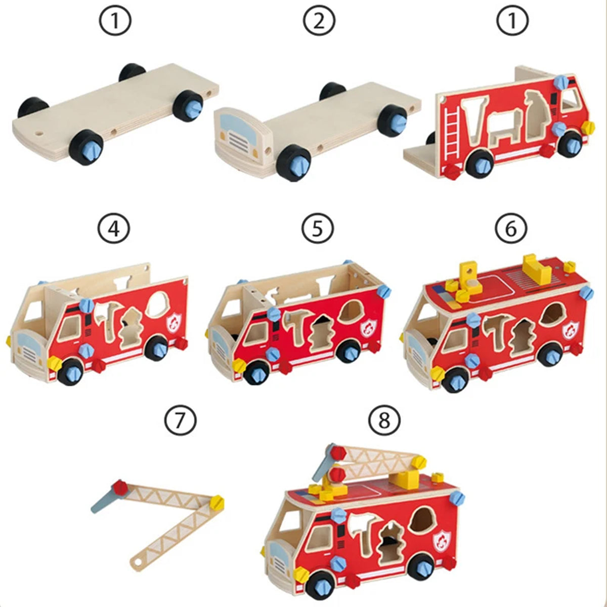 Jessruly® Firefighter Wooden Play Set – Little People Fire Truck Ride-On with Building Blocks & Painting Activity