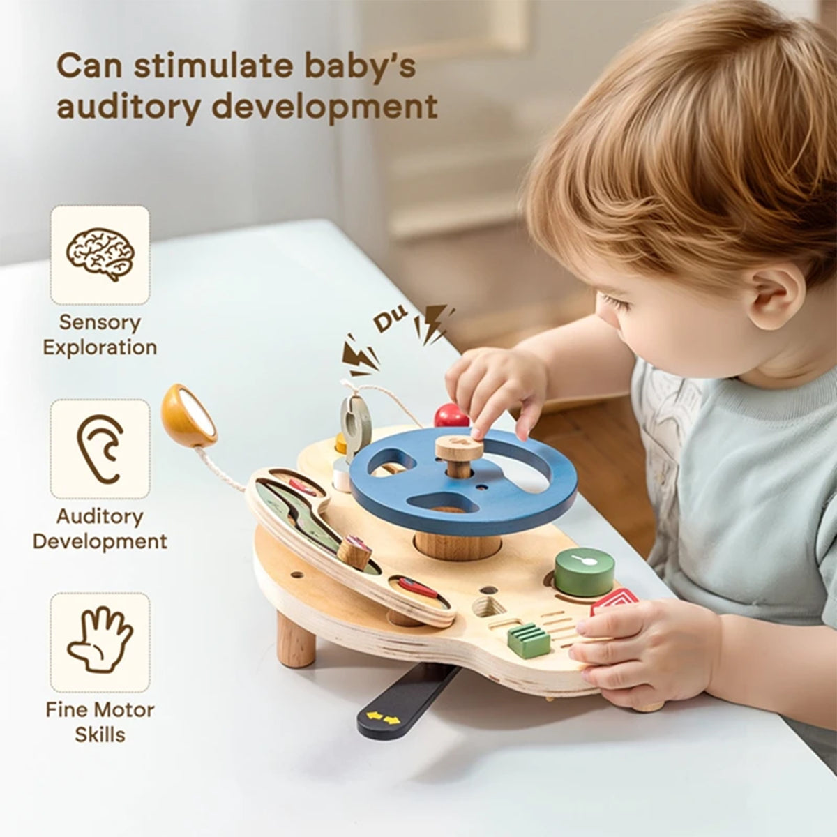 Jessruly® Montessori Busy Board – Wooden Steering Wheel Sensory Board with Push-Peel Fidget Elements
