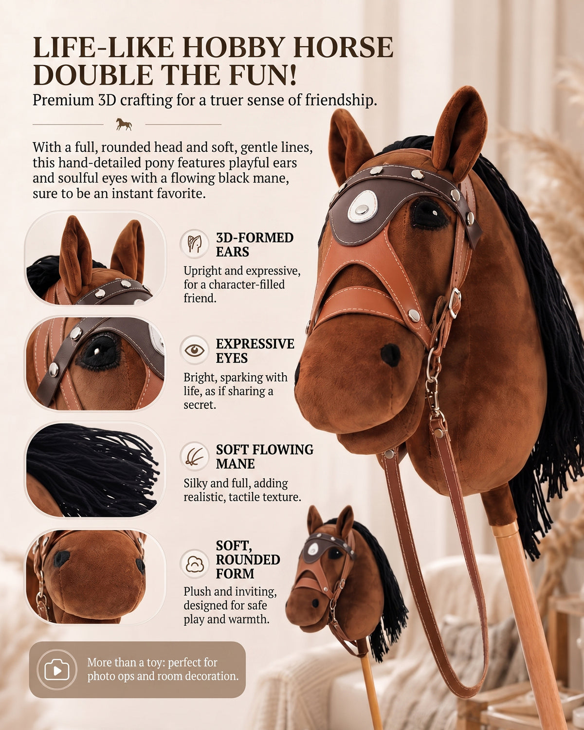 Jessruly® Stick Horse – Soft Plush Ride-On Toy with Beechwood Handle