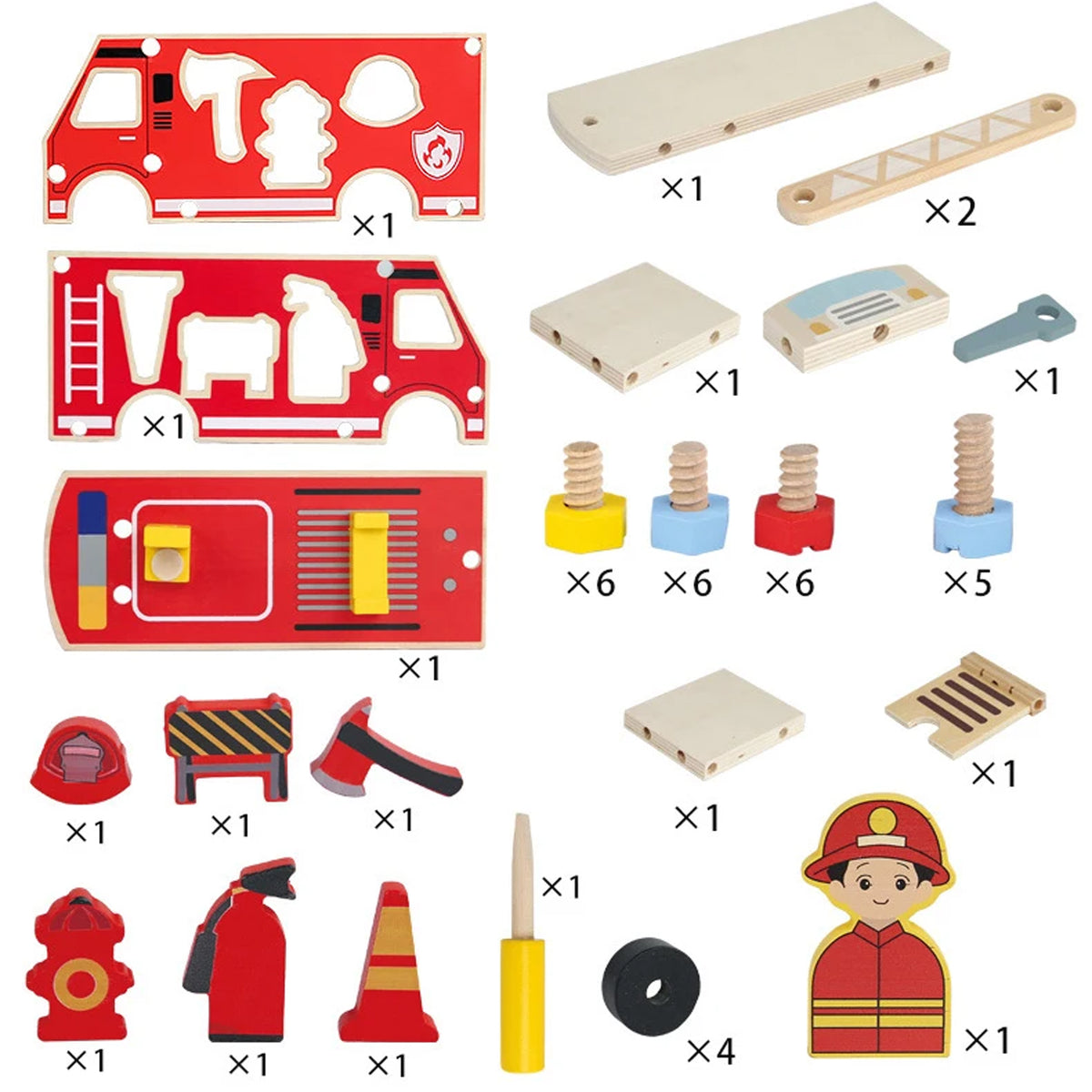 Jessruly® Firefighter Wooden Play Set – Little People Fire Truck Ride-On with Building Blocks & Painting Activity