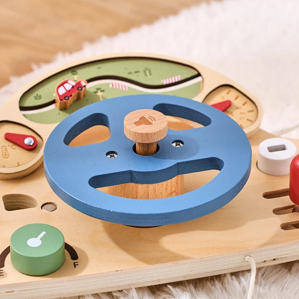 Jessruly® Montessori Busy Board – Wooden Steering Wheel Sensory Board with Push-Peel Fidget Elements