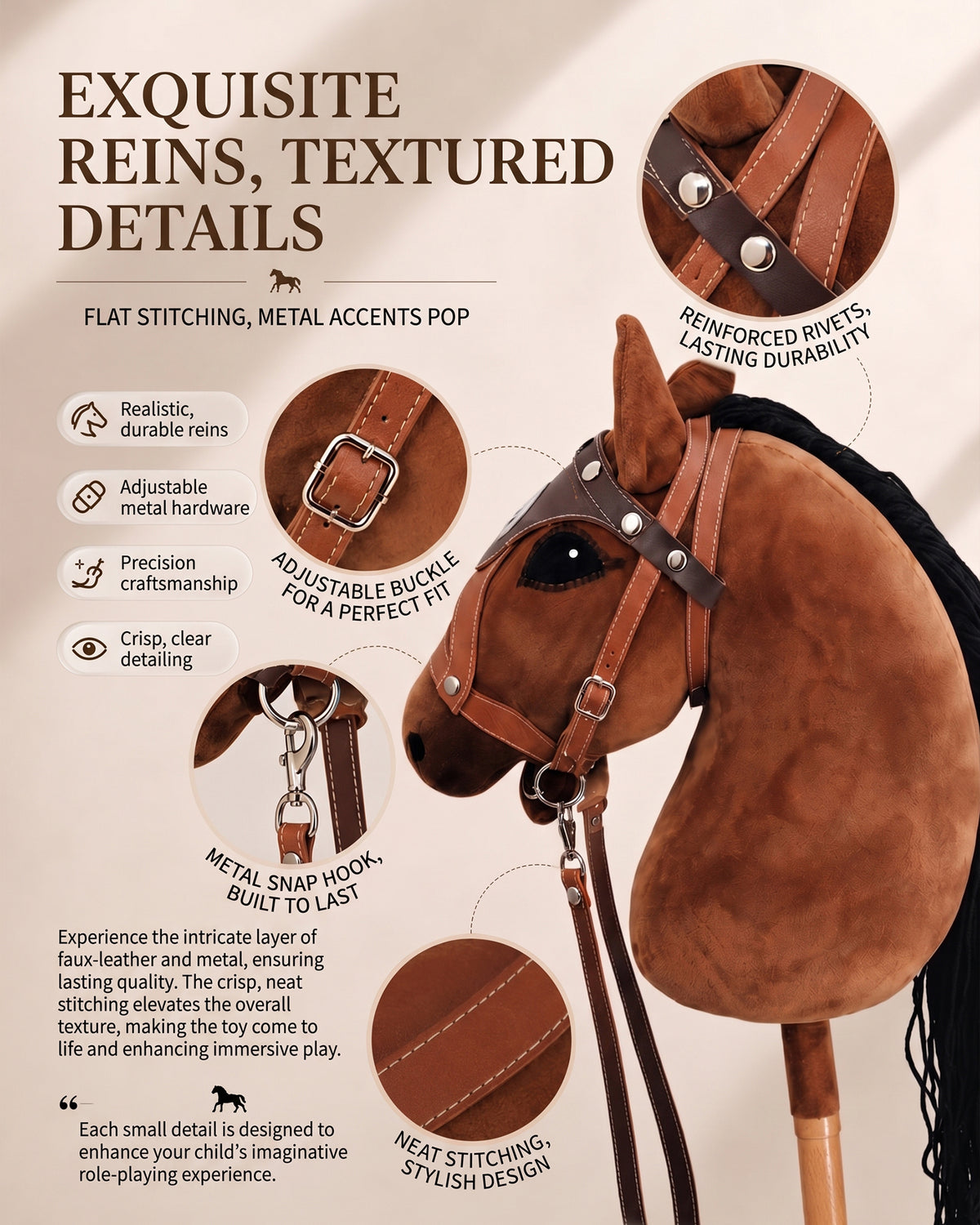 Jessruly® Stick Horse – Soft Plush Ride-On Toy with Beechwood Handle