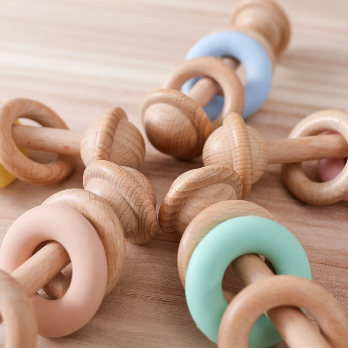 Jessruly® Natural Wooden Rattle – Sensory Silicone-Ring Teether & Grasping Toy