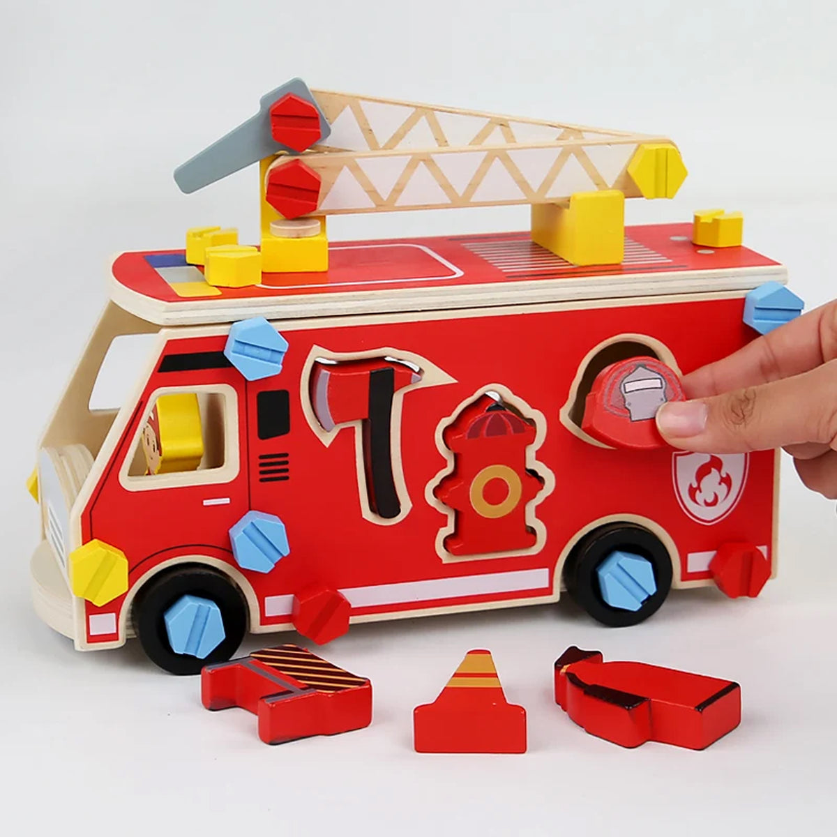 Jessruly® Firefighter Wooden Play Set – Little People Fire Truck Ride-On with Building Blocks & Painting Activity