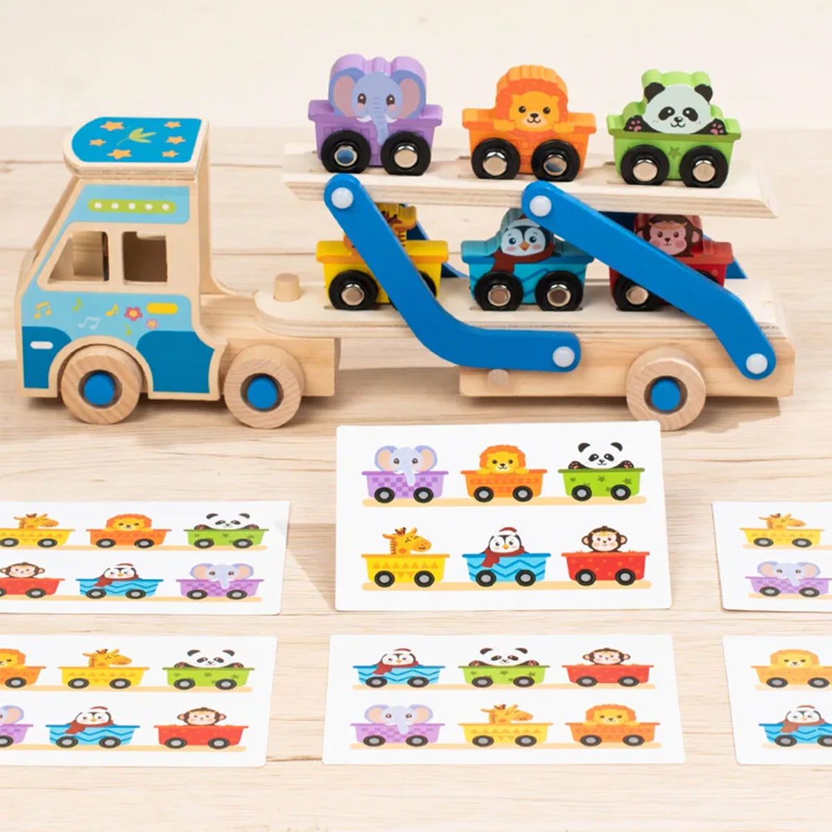 Jessruly® Wooden Car Carrier Set – Double-Decker Truck with Ramp