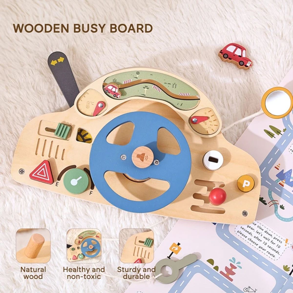 Jessruly® Montessori Busy Board – Wooden Steering Wheel Sensory Board with Push-Peel Fidget Elements