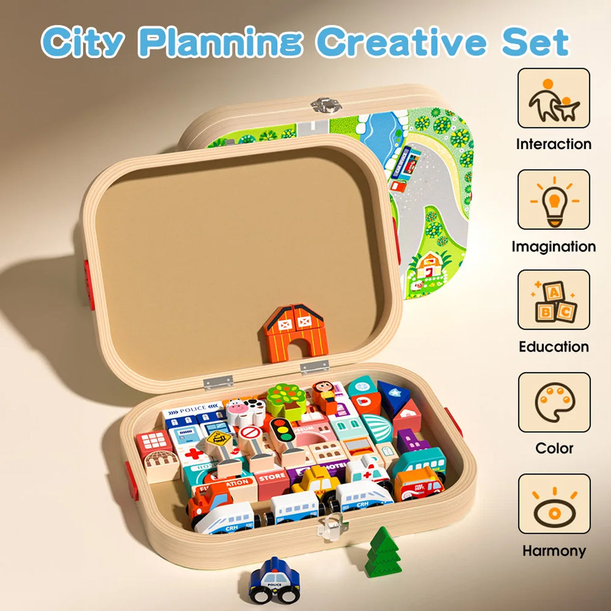 Jessruly® Wooden Building Blocks Set – City & Train Architecture Kit with Magnetic Storage Box