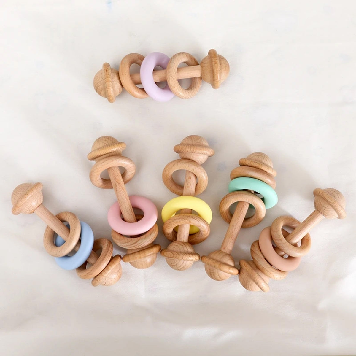 Jessruly® Natural Wooden Rattle – Sensory Silicone-Ring Teether & Grasping Toy